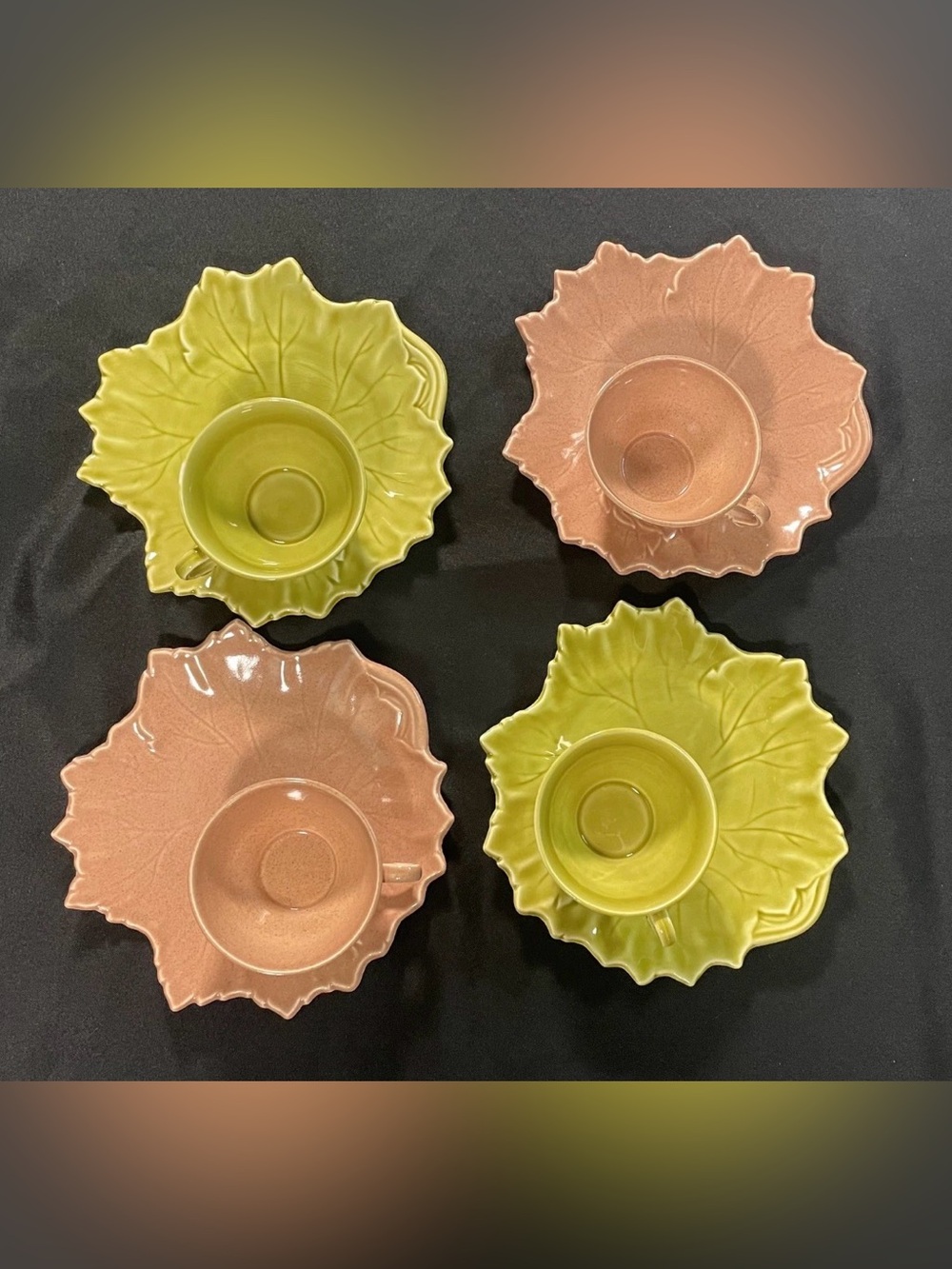 Vintage Woodfield Steubenville 4 Leaf Cup & 4 Saucer Set Pink Green Pottery 8pc